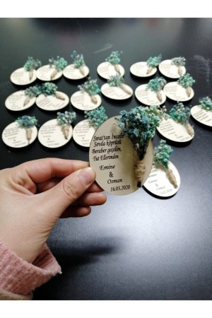 Festival Lazer Baskı Dünyası Yeşil Kuru Çicekli Elips Ahşap Söz Nişan Kına Düğün Mağneti(20adet)