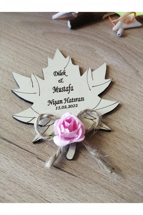 20 Adet Nikah Şekeri & Düğün & Söz & Nişan Magneti Ahşap Mıknatıslı Çiçekli Çınar Yaprağı