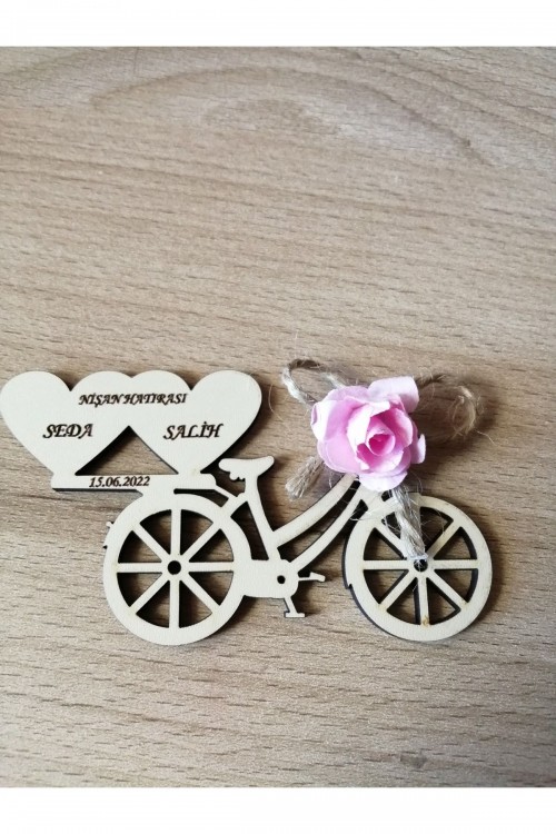 25 Adet Nikah Şekeri & Düğün & Söz & Nişan Magneti Ahşap Mıknatıslı Çiçekli Kalpli Bisiklet