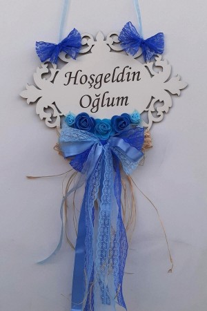 Hoşgeldin Oğlum Yazılı Mavi Süslemeli Yeni Doğan Bebek Kapı Süsü