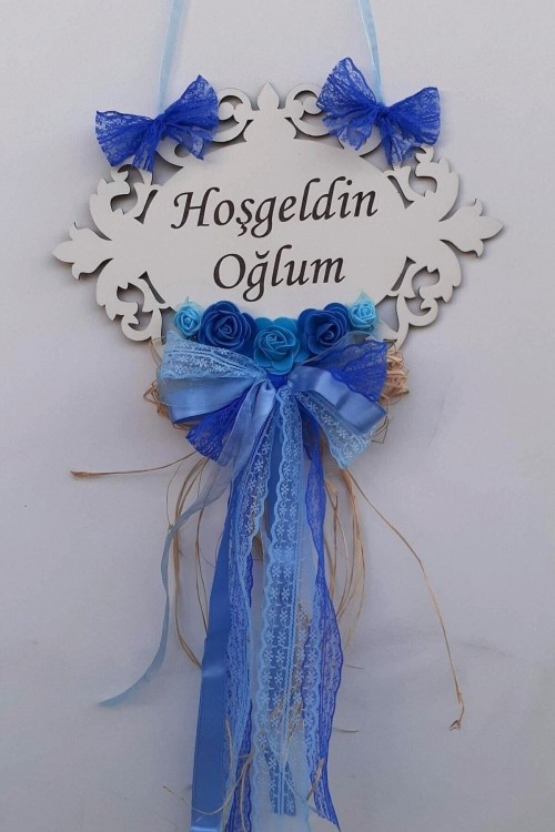 Hoşgeldin Oğlum Yazılı Mavi Süslemeli Yeni Doğan Bebek Kapı Süsü