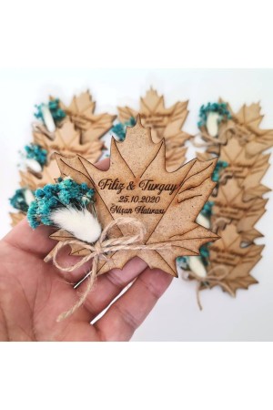 Kuru Çiçek Süslü Ahşap Çınar Yaprağı Magnet Nikah Şekeri (50 Adet)