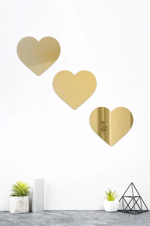 Dekoratif Kalp 20x20cm Gold Aynalı Pleksi 3lü