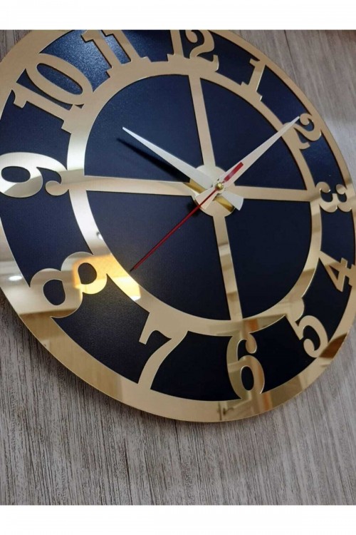 Lüks Tarz Duvar Saati Siyah Zemin Altın Sarısı Rakamlı Aynalı Pleksi 50x50 Cm Ofis Ve Ev Dekoru