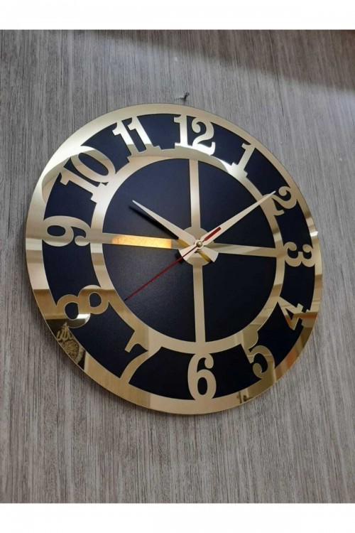 Lüks Tarz Duvar Saati Siyah Zemin Altın Sarısı Rakamlı Aynalı Pleksi 50x50 Cm Ofis Ve Ev Dekoru