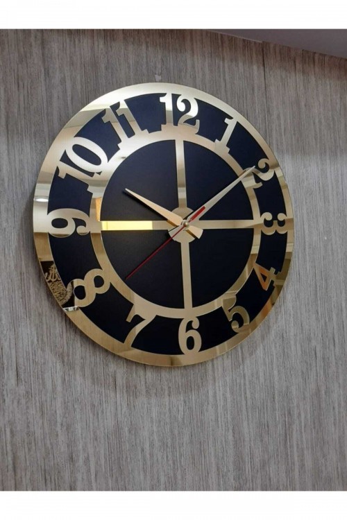 Lüks Tarz Duvar Saati Siyah Zemin Altın Sarısı Rakamlı Aynalı Pleksi 50x50 Cm Ofis Ve Ev Dekoru