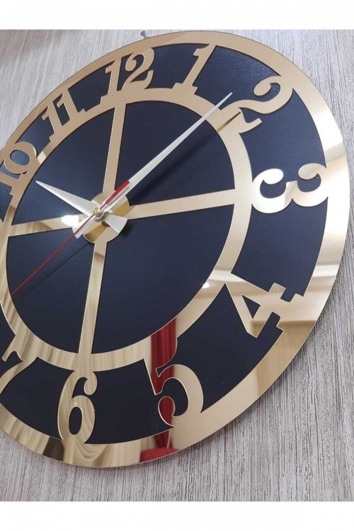 Lüks Tarz Duvar Saati Siyah Zemin Altın Sarısı Rakamlı Aynalı Pleksi 50x50 Cm Ofis Ve Ev Dekoru