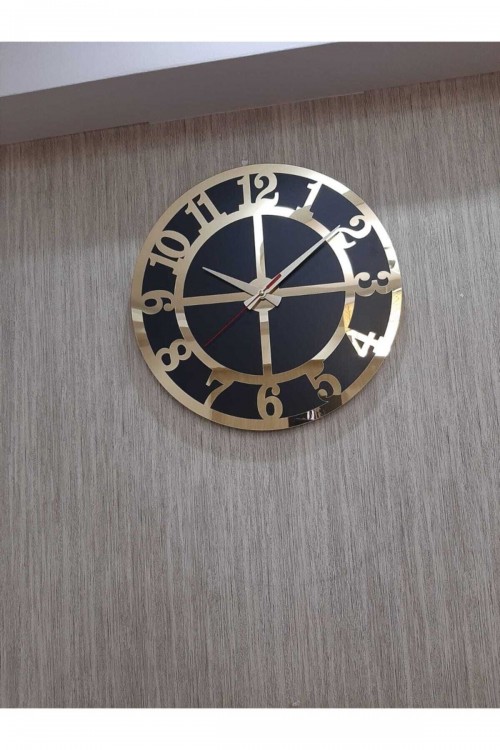 Lüks Tarz Duvar Saati Siyah Zemin Altın Sarısı Rakamlı Aynalı Pleksi 50x50 Cm Ofis Ve Ev Dekoru