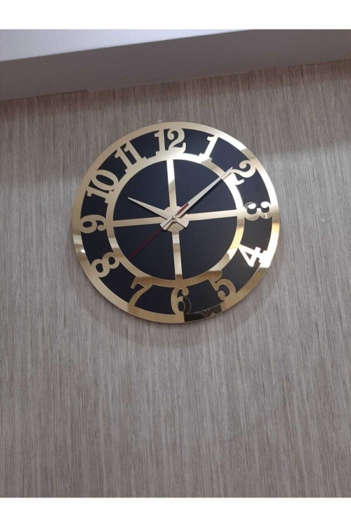 Lüks Tarz Duvar Saati Siyah Zemin Altın Sarısı Rakamlı Aynalı Pleksi 50x50 Cm Ofis Ve Ev Dekoru