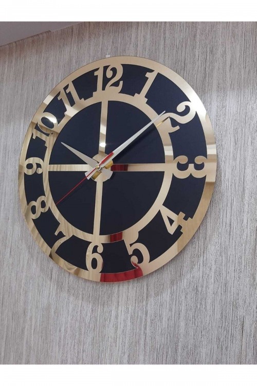 Lüks Tarz Duvar Saati Siyah Zemin Altın Sarısı Rakamlı Aynalı Pleksi 50x50 Cm Ofis Ve Ev Dekoru