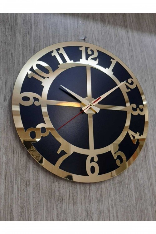 Lüks Tarz Duvar Saati Siyah Zemin Altın Sarısı Rakamlı Aynalı Pleksi 50x50 Cm Ofis Ve Ev Dekoru